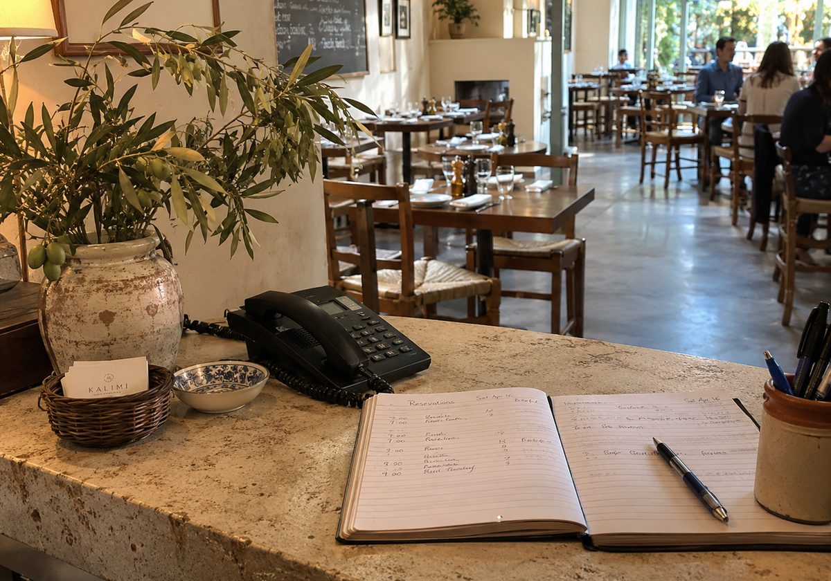 Le poste fixe du comptoir, posé à côté du cahier de réservations ouvert, pendant le service en salle